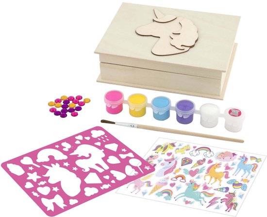 Houten sieradendoos met eenhoorn-appliques, verf, penseel, kralen, stickers en sjablonen.