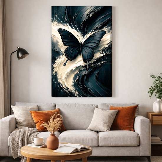 Peinture en ligne - Papillon Abstrait Noir Blanc - 60x40 cm - Art abstrait - Décoration maison salon - Tableaux muraux cuisine - Accessoires de décoration murale - Intérieur chambre