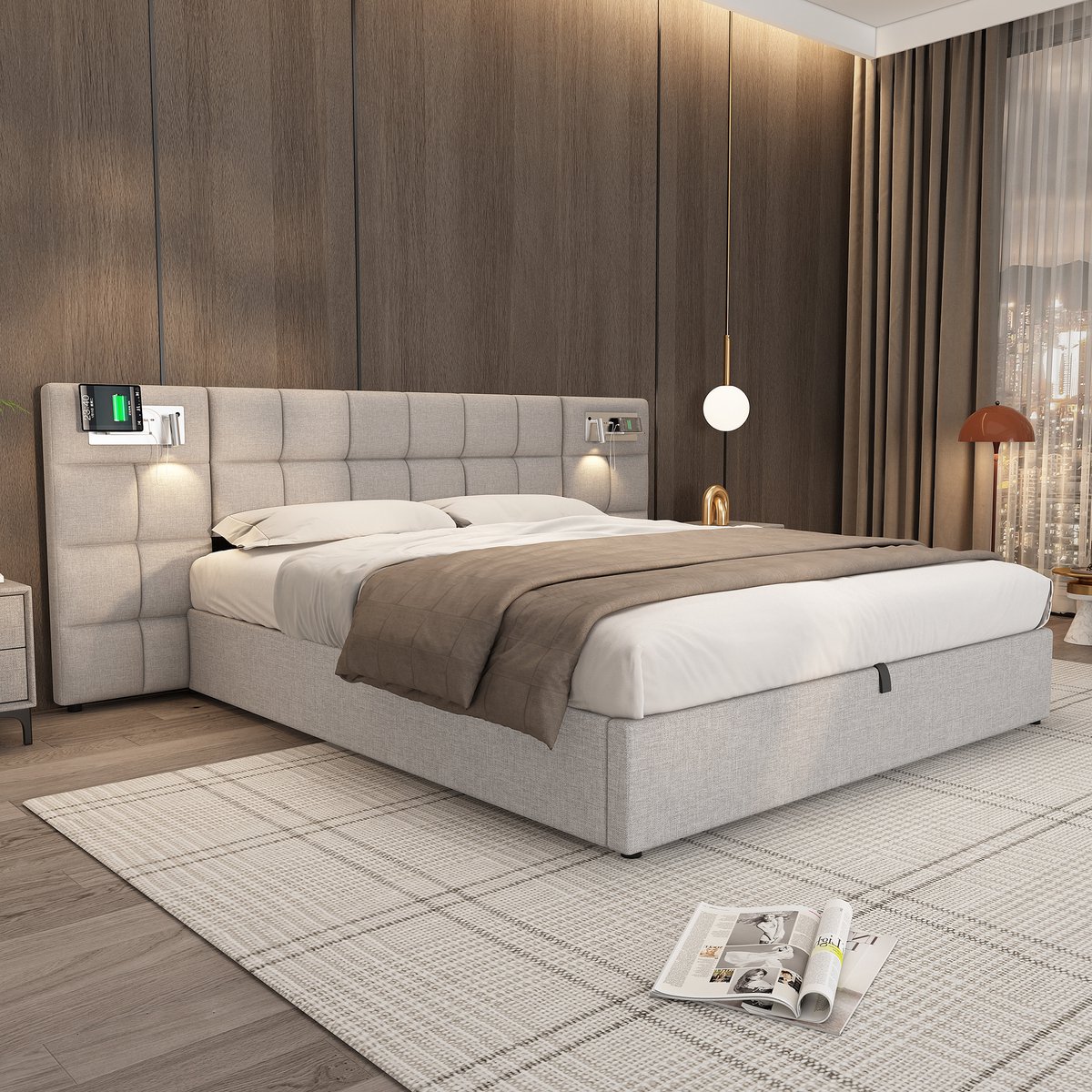 Merax 180 x 200 cm gestoffeerd bed - met USB-poort en draadloze oplader en bedlamp - met opbergruimte - zonder matras - linnen grijs