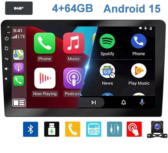 10 inch 2 DIN Android 15 autoradio met touchscreen, Bluetooth, DAB, USB, WiFi, CarPlay, achteruitrijcamera ingang
