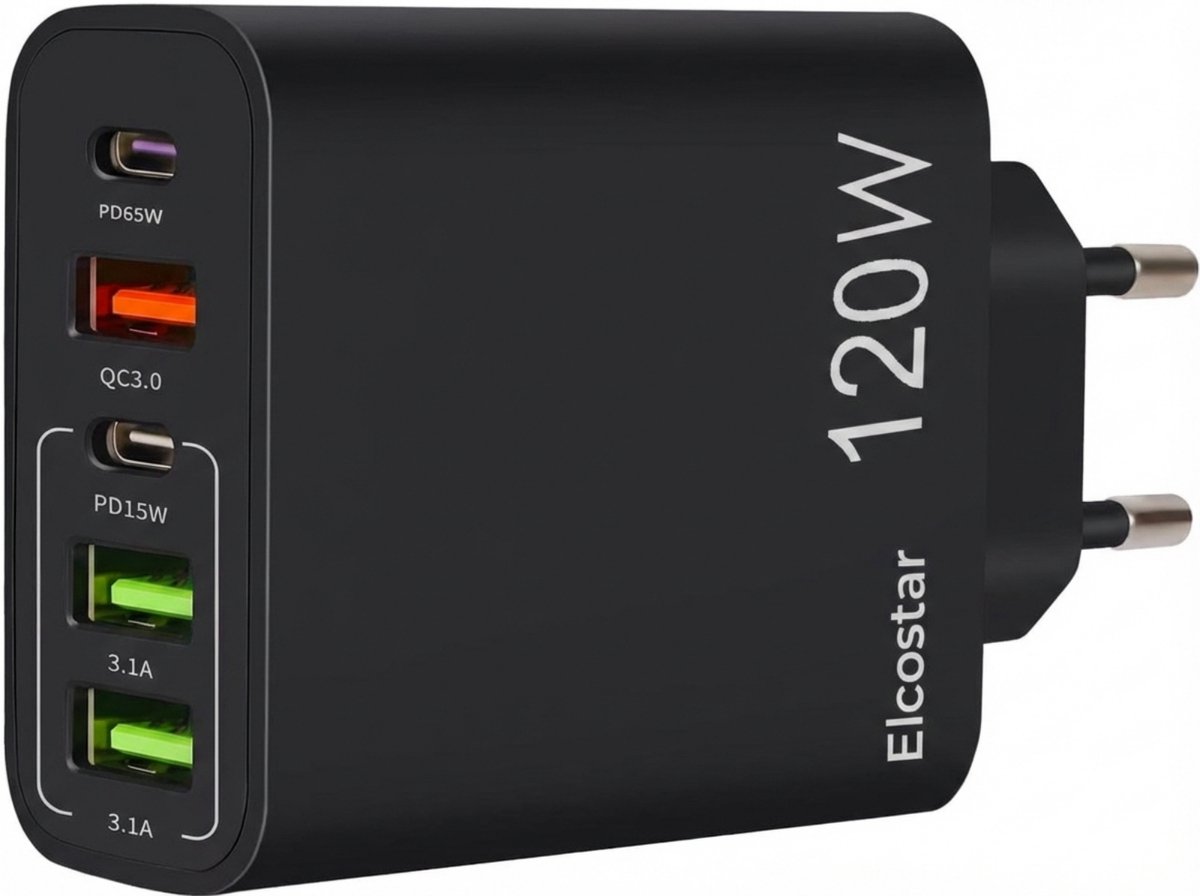 Elcostar USB Adapter & Type-C Adapter 120W - 5 Multipoort - USB Stekker - Reisstekker - Snelladen functie - USB-C Stekker - Snellader - Elke USB kabel geschikt - Usb lader - Zwart