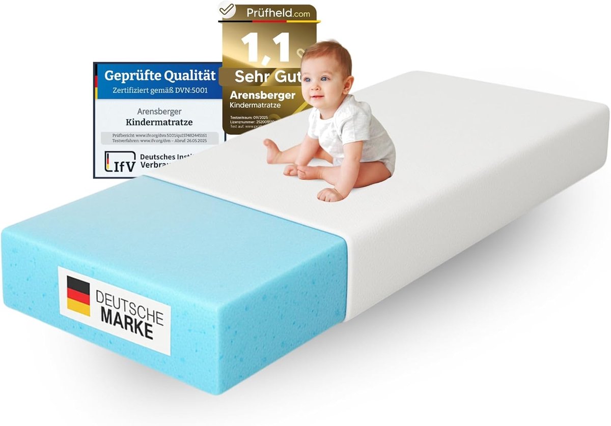 Arensberger kindermatras, babymatras Nora | 60cm x 120cm x 12cm | Wasbaar & afritsbare hoes | Puntelastisch gelschuim | Jeugdmatras, allergievriendelijke premium hoes - baby matras 70x140 cm Blauw