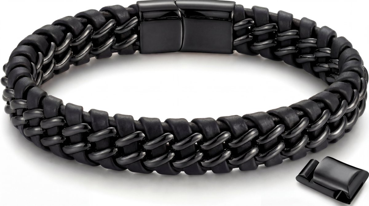 Leren armband heren zwart staal- Vito 19cm - Magnetische armband van Mauro Vinci® 21cm - Verstelbaar in lengte - Armband leer met geschenkverpakking