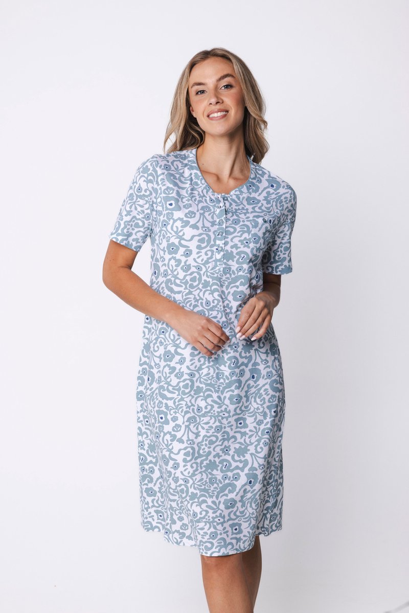 Pastunette Nachthemd - Stone Blue - Organisch Katoen - Blauw/Wit - Knoopsluiting