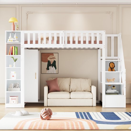 MIVRAY Lit mezzanine 90x200 cm - Avec armoire et tiroirs de rangement - Avec étagères et compartiments de rangement - Bois - Blanc - Sans matelas