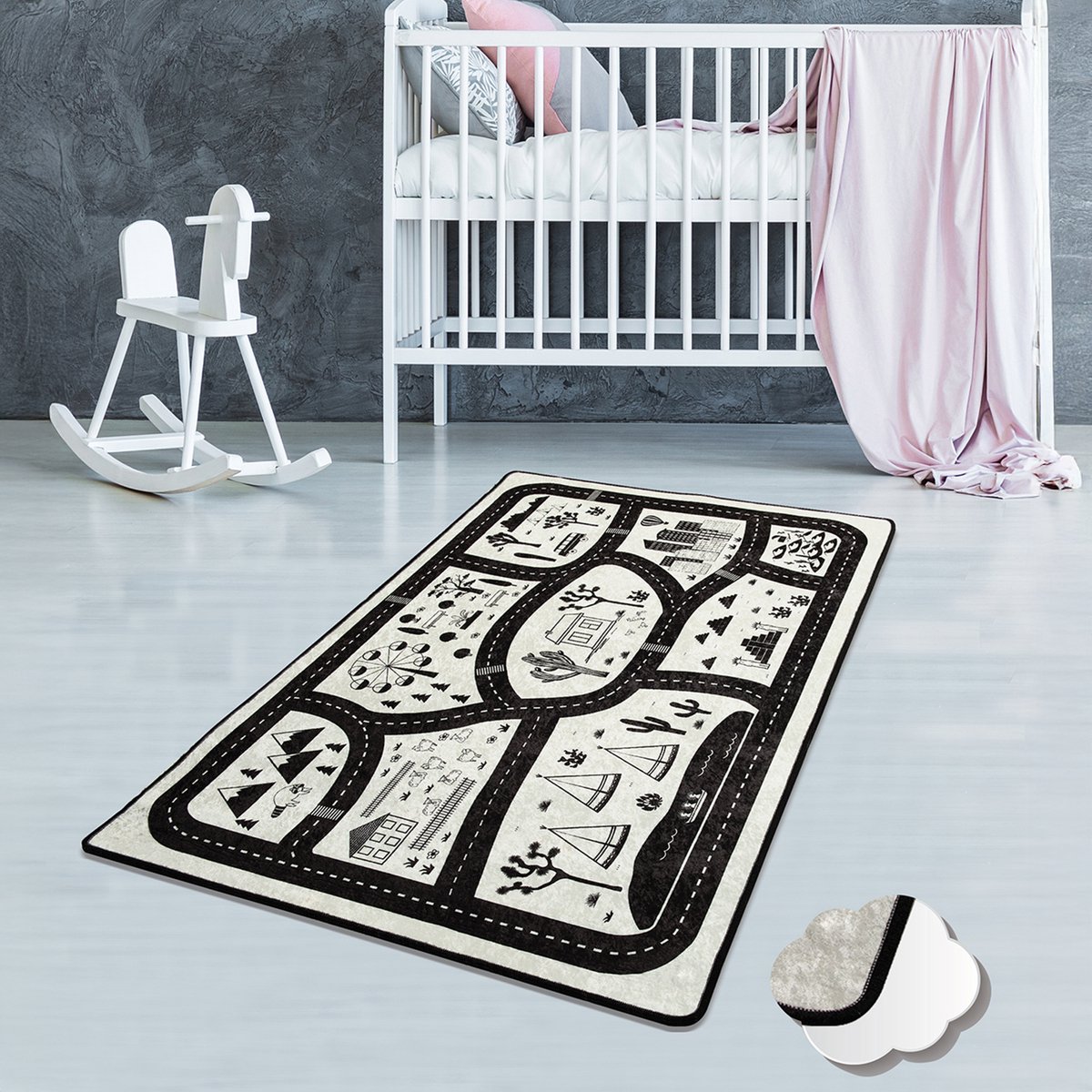Bosdela kinder- en babykleed Stad Wasbaar vloerkleed voor kinder- en babykamers, 100x160 cm, zacht, zwart-wit stadspatroon, ideaal voor speelkamers en verschoonruimtes babykleed