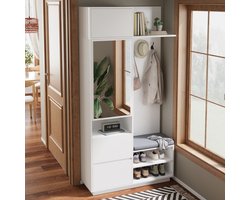 MIVRAY Armoire de garde-robe - Avec miroir et banc - Avec étagère à chaussures, crochets et tiroirs - Pour couloir et entrée - MDF - Blanc - 90x34,5x190 cm