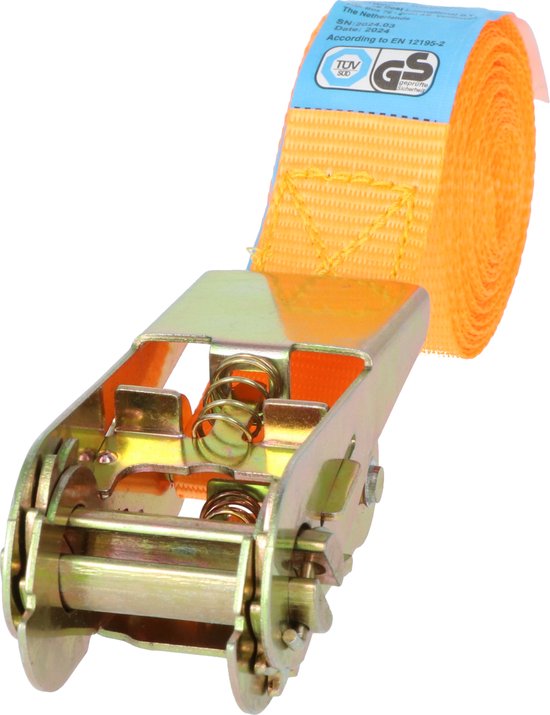 Oranje spanband met metalen ratelmechanisme.