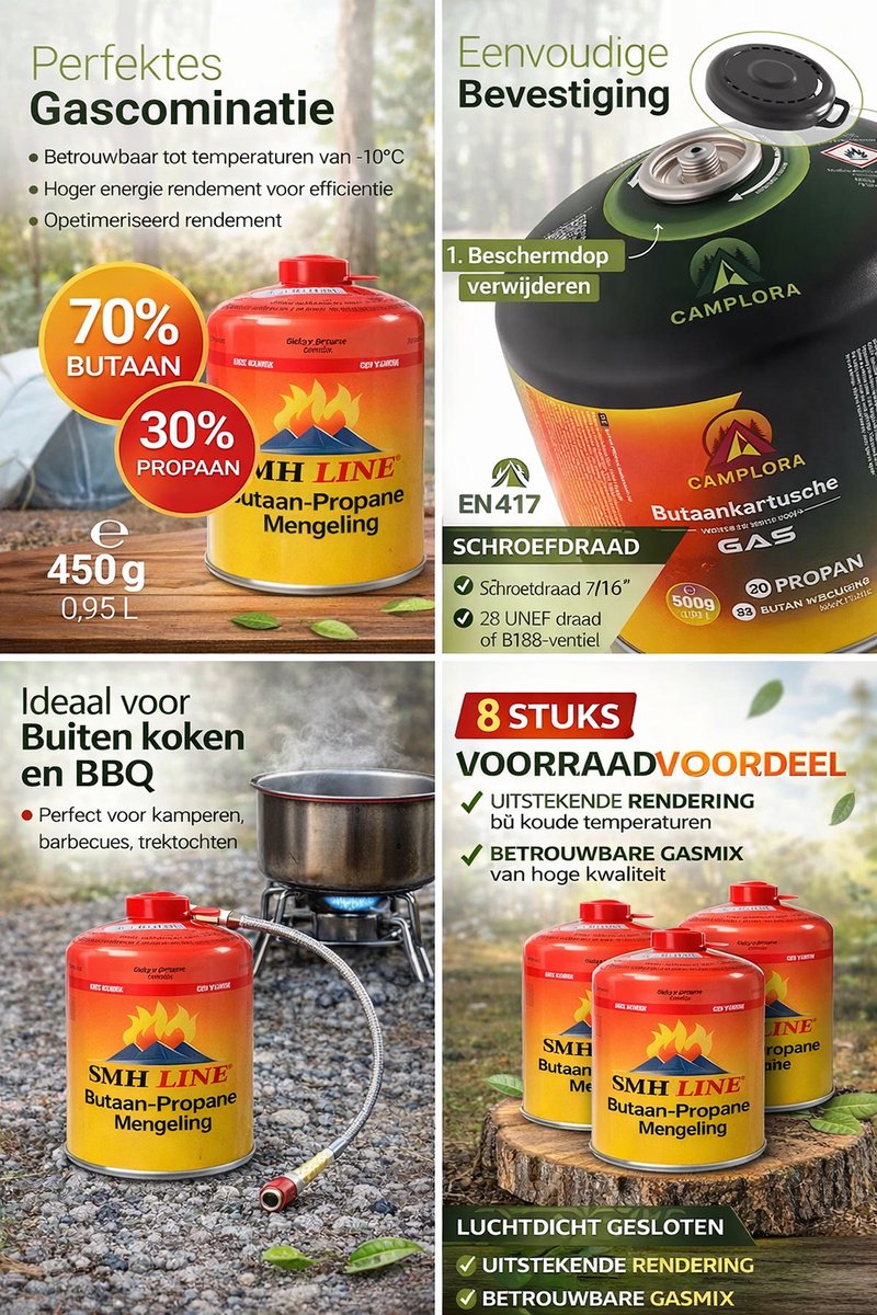 SMH LINE® Gasflessen - 4x 600ml - EN417 Schroefventiel - Gasfles voor