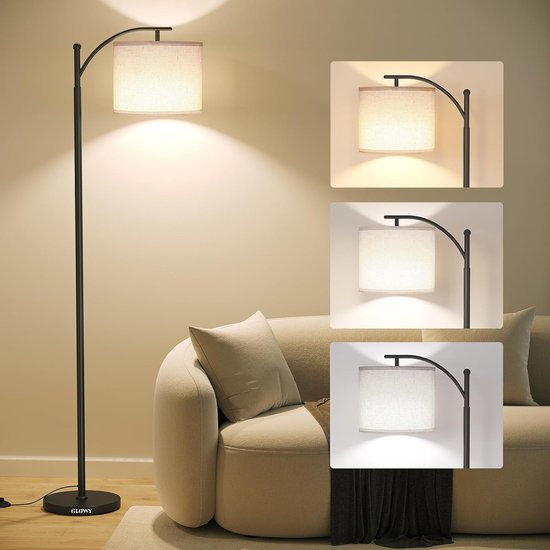Glowy Vloerlamp Zwart - Staande Lamp incl. LED Lichtbron - Booglamp Industrieel - Leeslamp Staand - 3 Lichtkleuren - Verstelbaar