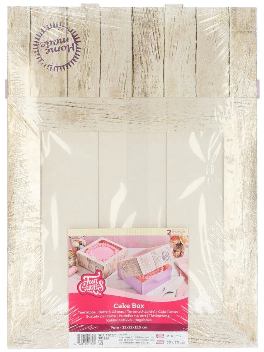FunCakes Pure Taartdoos met Venster Vierkant - Karton - Houtlook - 2 Stuks - 32x32x11,5 cm