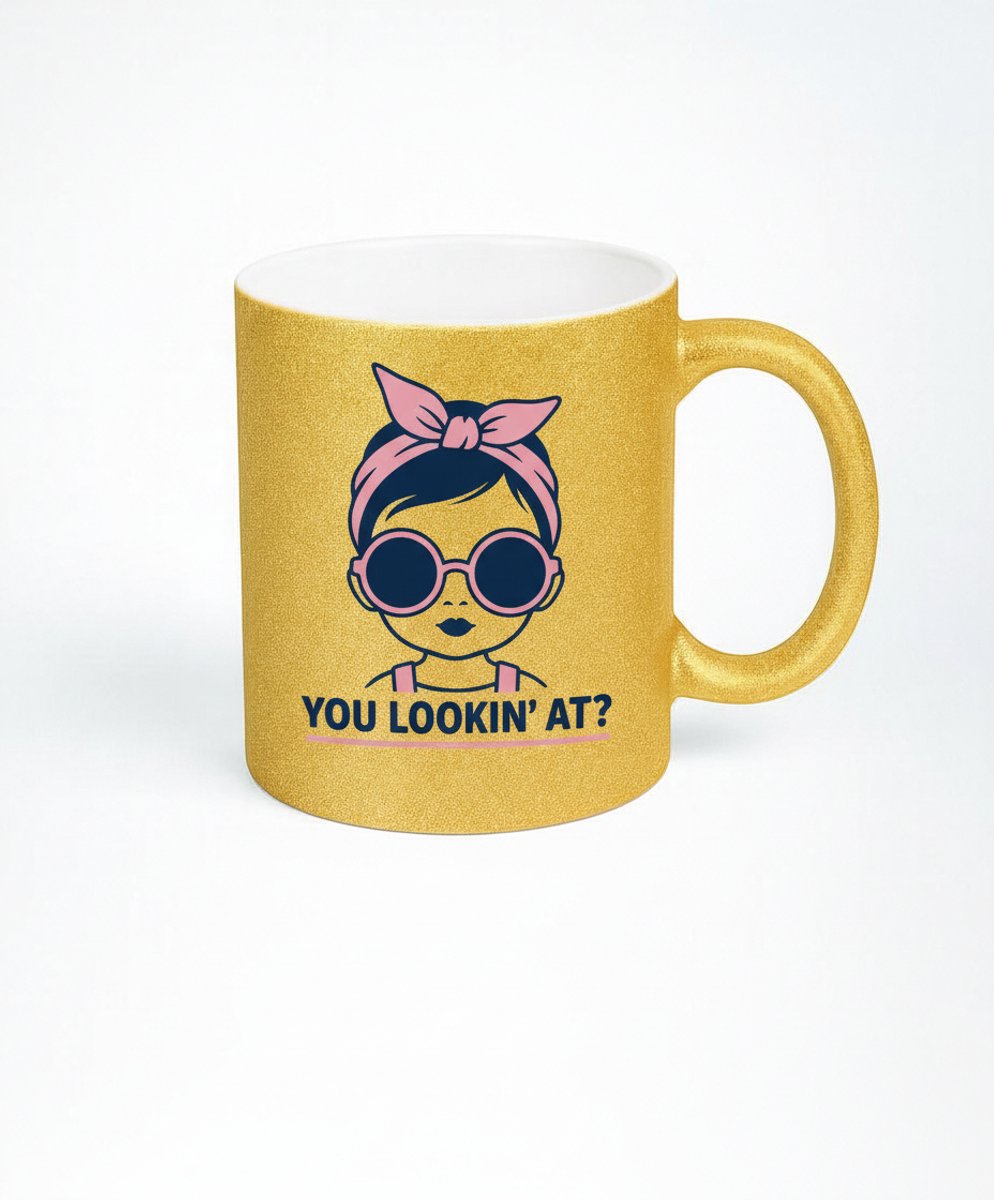 Gouden Glitter Mok - You Lookin' At? - Koffiemok met Attitude
