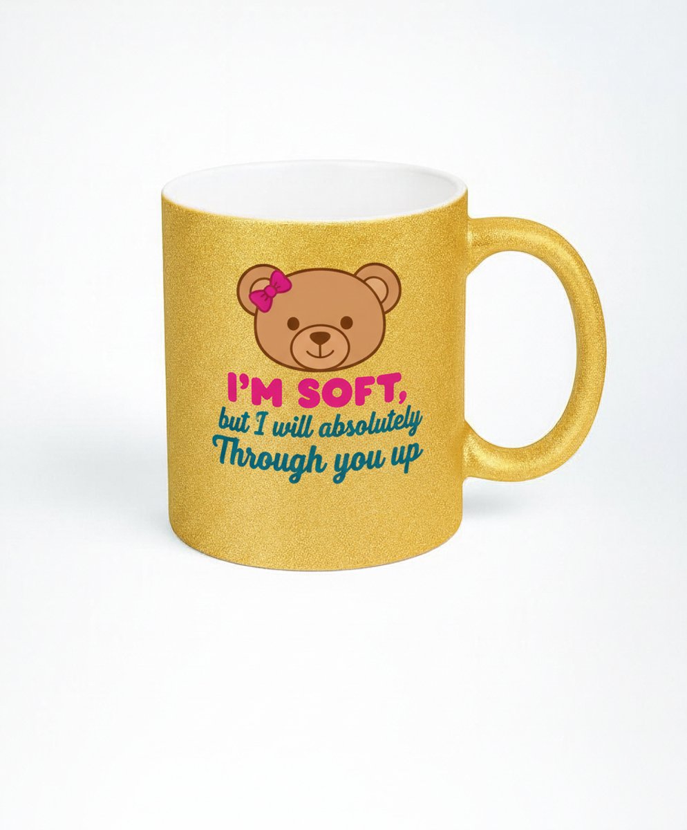 Gouden Glitter Mok met Teddybeer en Grappige Tekst - I'M SOFT