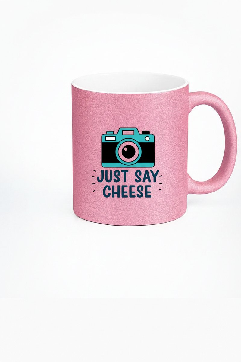 Roze Mok met Camera en Tekst "Just Say Cheese" - Origineel Fotocadeau