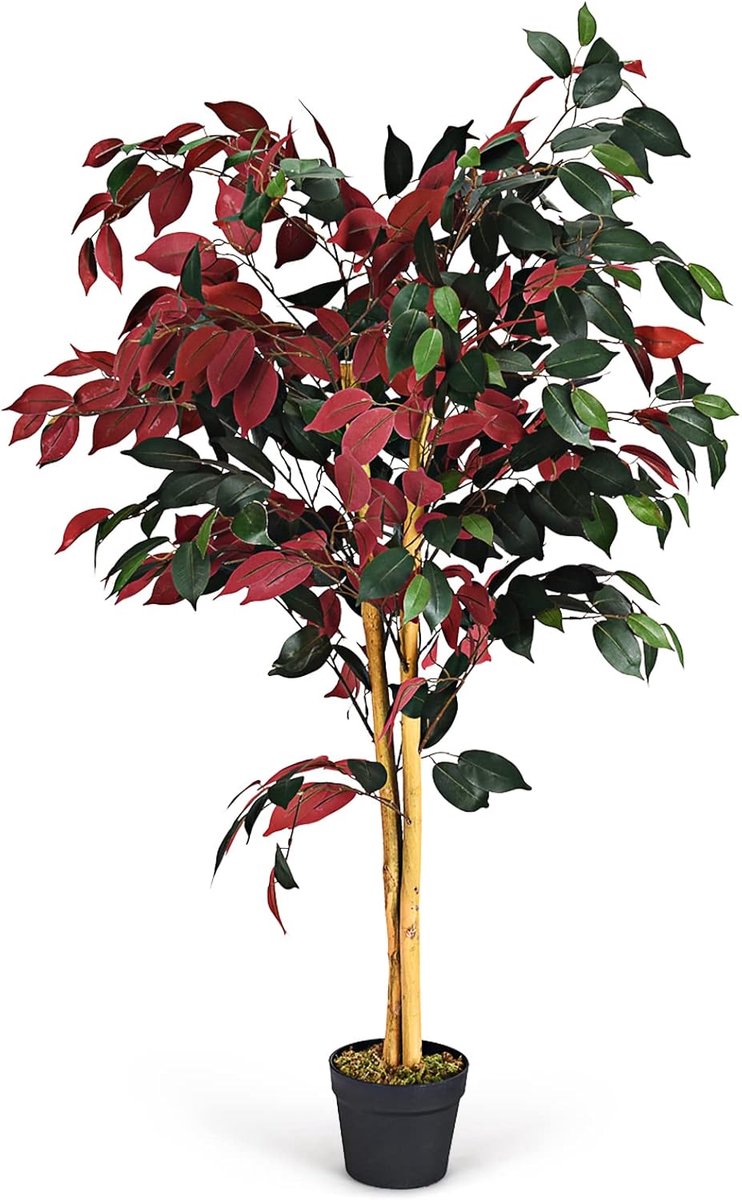 KOMFOTTEU 120 cm hoog Kunstplant in pot, kunstplanten met echte stammen, kamerplant in bloempot, decoratieve plant voor kamer, kantoor, tuin, groen + rood