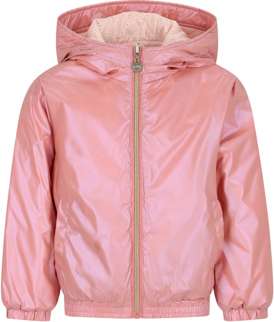 Veste rose brillante avec capuche et fermeture éclair.