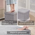 Grijze stoffen opbergpoef. Deksel stevig, te gebruiken als zitplaats. Ook als zitpoef of voetenbank.
