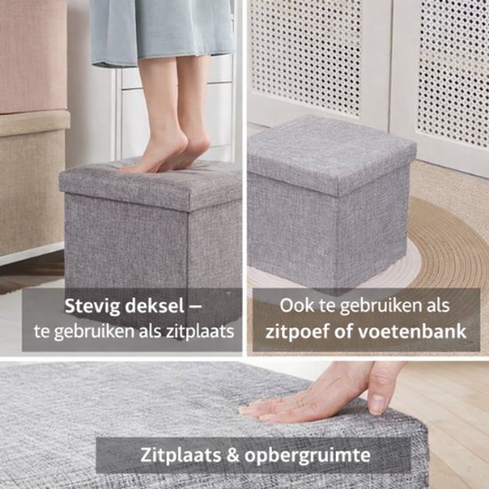 Grijze stoffen opbergpoef. Deksel stevig, te gebruiken als zitplaats. Ook als zitpoef of voetenbank.