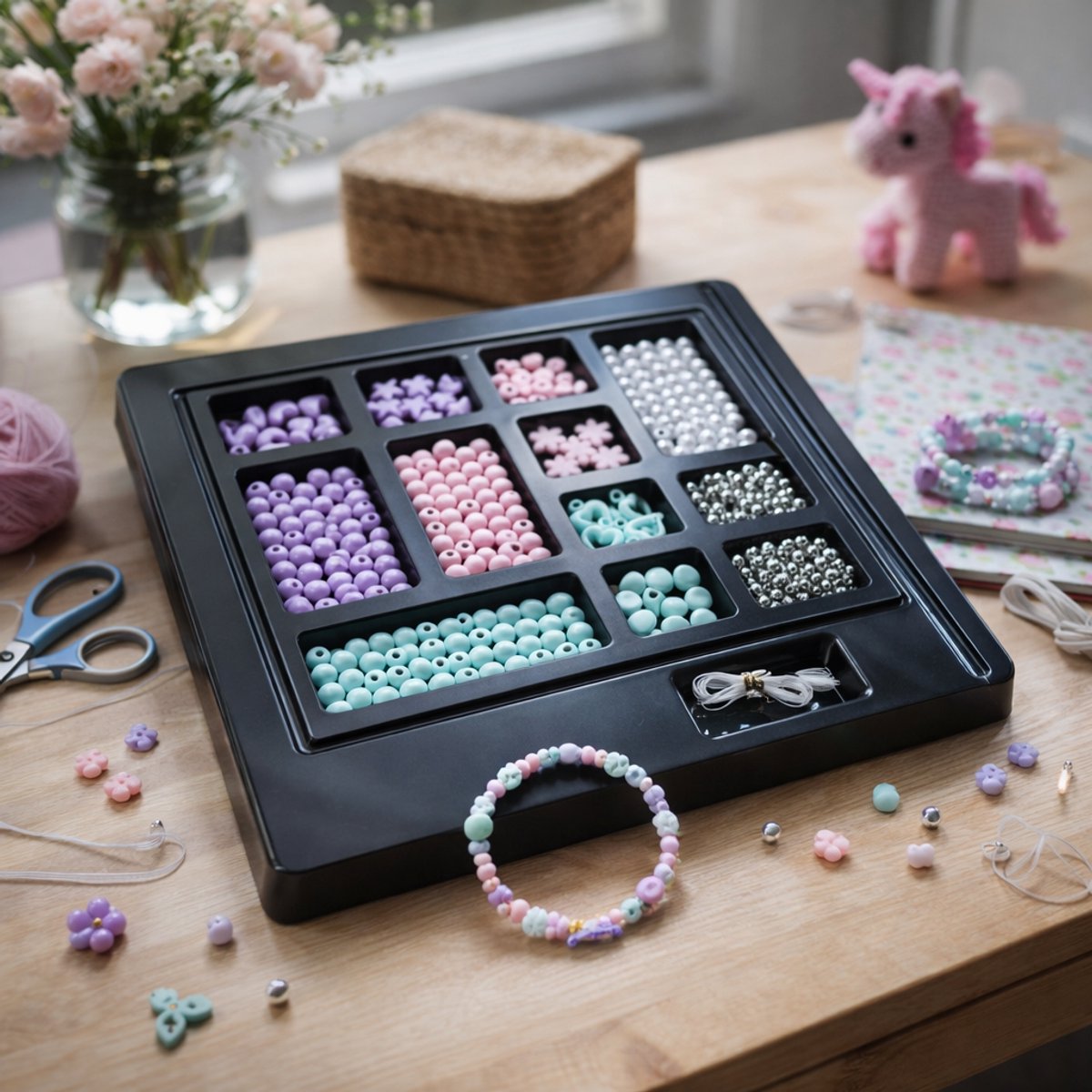 Eddy Toys kralen sieraden maakset - 4000 stuks figuur- en fiestakralen - voor armbanden en kettingen - pastelkleuren roze, paars, blauw - kunststof - 27x27x3,5 cm