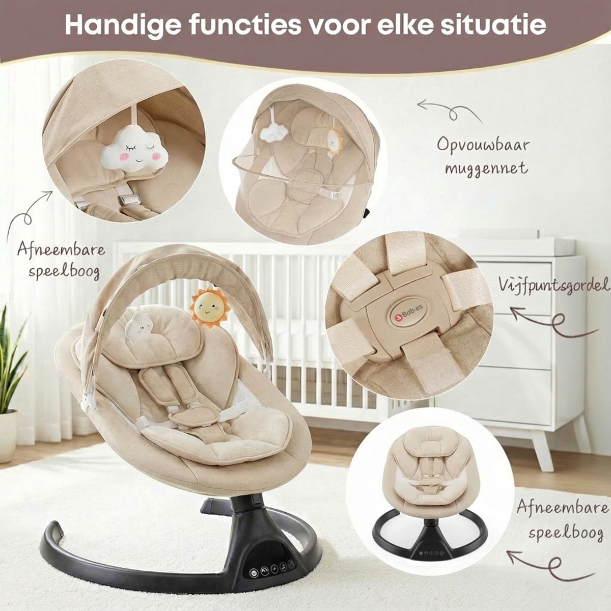 3Babies Baby Swing - Elektrisch Wipstoel - Beige en zwart thumbnail 2