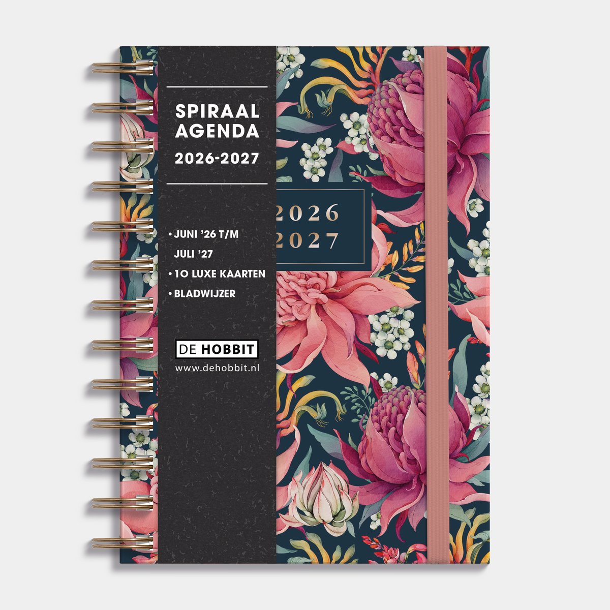 Hobbit - Ringband Agenda - 2026-2027 - Spiraal Agenda - 1 week op 2 pagina's - Harde Kaft - B6 (17,5 x 13,5 cm) - Tropische Bloemen