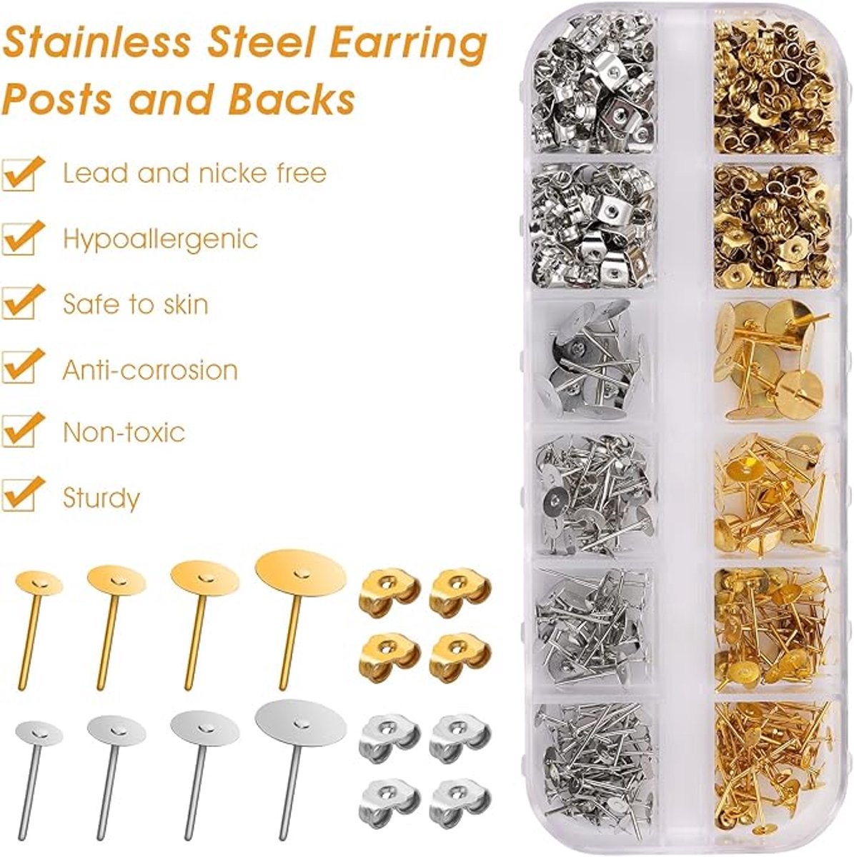 400 stuks Kit om oorbellen te maken Roestvrij stalen.4 maten (lengte van 4,5,6,8 mm) goud en zilver, Roestvrij staal
