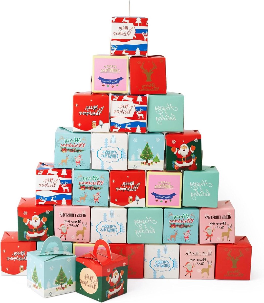 30 Geschenkdozen met Handvatten en Kerstthema voor Koekjes, Cupcakes, Cakes, Muffins - Herbruikbare Cadeauverpakking