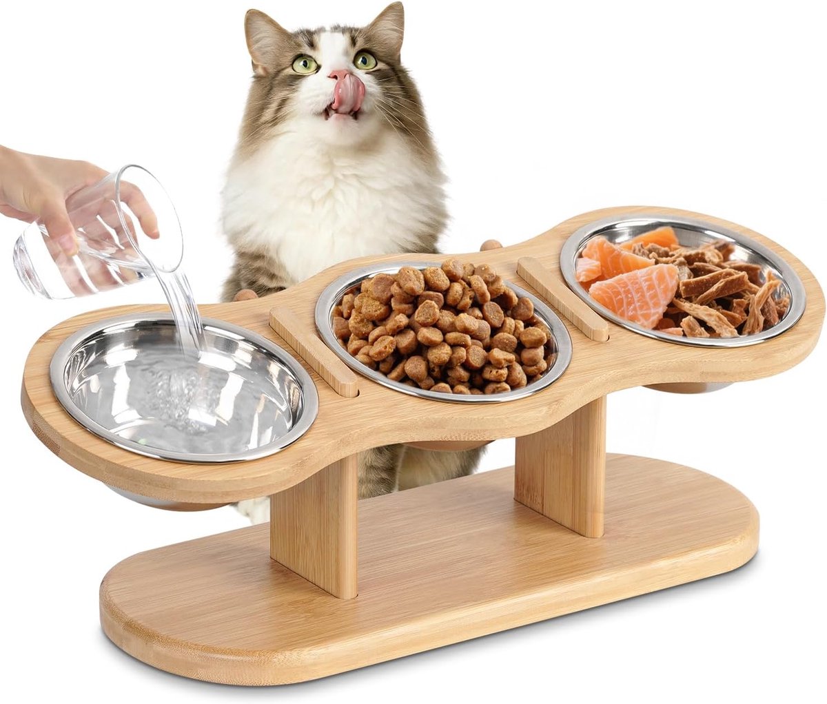 Dinerset Kat - Katten Voerbakken - Hout/RVS - incl. 3 Bakjes – 42x14x14cm
