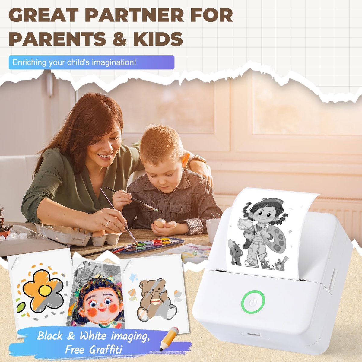 Mini Printer - Mini Bluetooth Thermische Printer - 200DPI & Inktloos - Met 10 Papierrollen - Voor Labels, Lijsten & Foto's - Draagbaar voor Kantoor, School & Thuis thumbnail 2