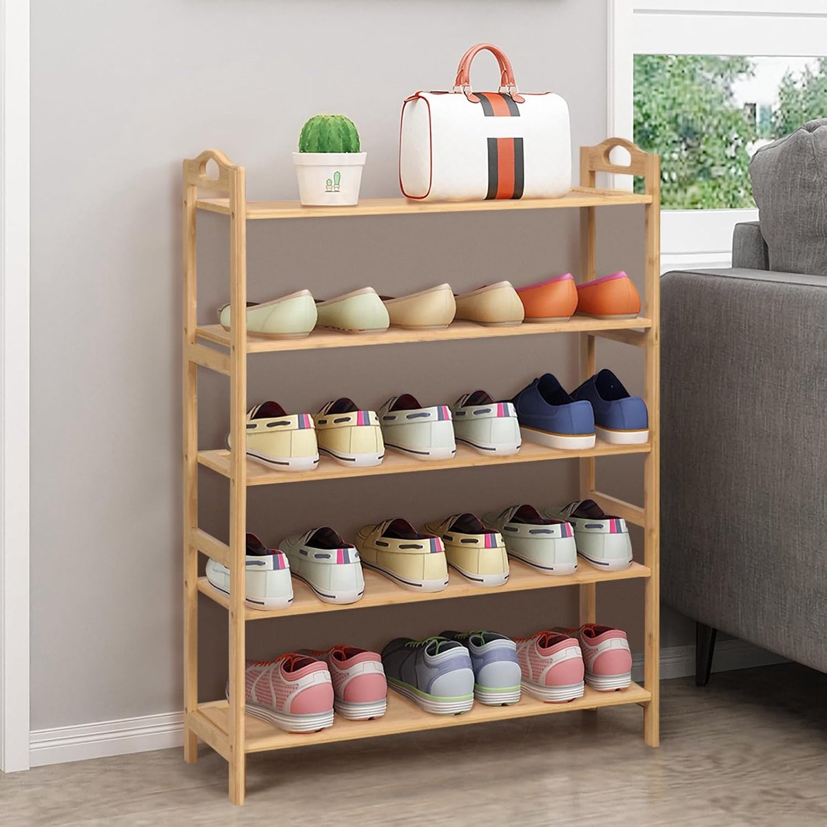 KOMFOTTEU Schoenenrek van bamboe, 5 niveaus, schoenenrek met open planken, 2 handgrepen, verhoogde bodem, voor 15 paar schoenen, 67 x 26,5 x 96,5 cm, voor ingang, hal, slaapkamer