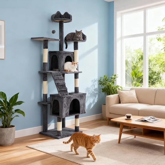 Krabpaal 183 cm – XXL Krabpaal voor Grote Katten – Krabpaal met Huisje, Hangmat, Speelbal & Trap – Lichtgrijs