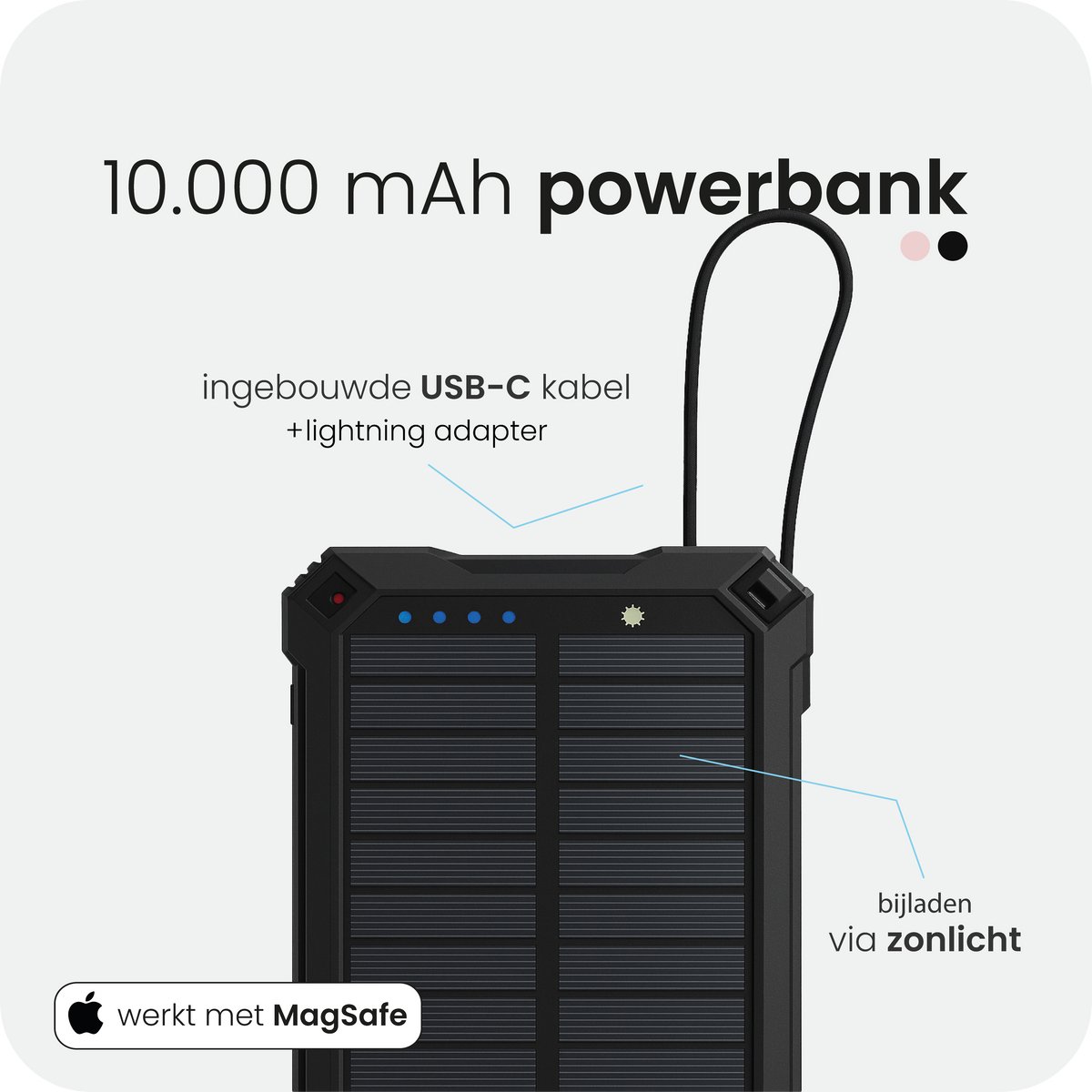 SYVOX Solar Powerbank 10.000 mAh Draadloos & Snelladen Zwart - afbeelding 2
