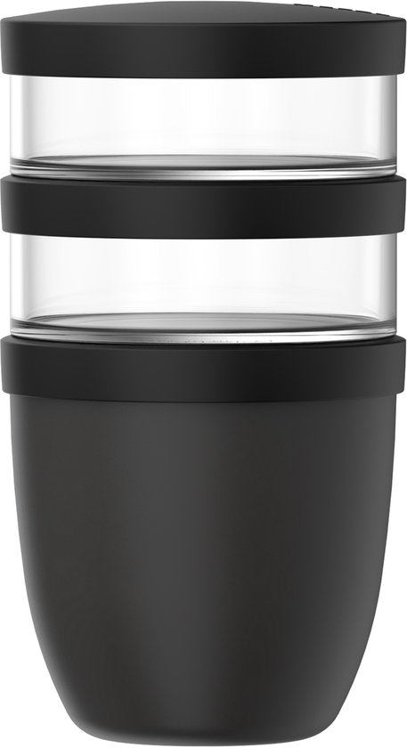 Pot à déjeuner Mepal Ellipse noir à 3 étages, avec 2 compartiments transparents.