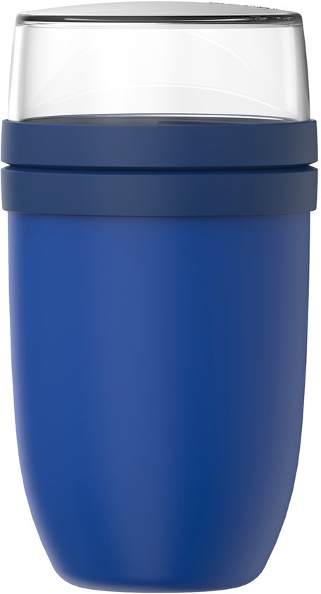 Pot bleu avec un couvercle transparent et une bande bleue, sur fond blanc.