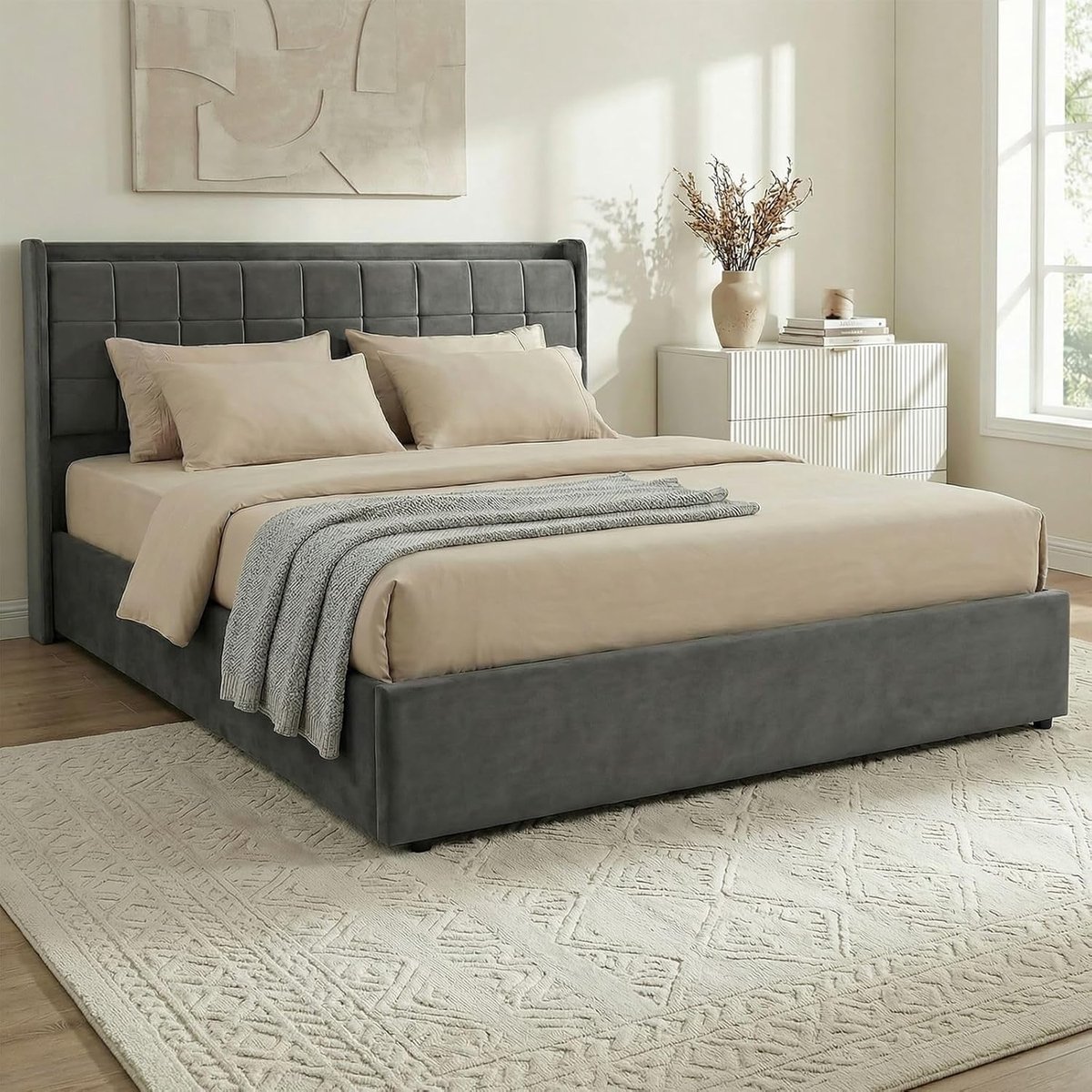 Opbergbed 160x200 cm met Hydraulische Lift en Lattenbodem – Fluwelen Tweepersoonsbed met Groot Bettkast, Gestoffeerd Hoofdbord, Modern Donkergrijs Bedframe 217x173x107 cm – Abkantoor