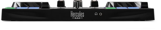 Zwarte Hercules DJ-controller met draaiknoppen en blauw- en groenverlichte knoppen.