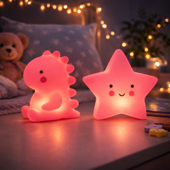 EasyMart 2-delige kindernachtlamp set - Roze Dino & Ster - LED nachtlampjes - Batterijen inbegrepen van Merkloos — afbeelding 4