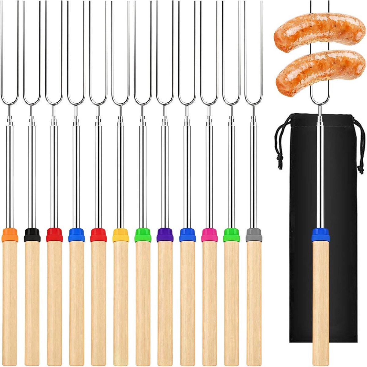 Verstelbare RVS Spiesjes voor Marshmallows en BBQ - Set van 12 met Houten Handvat