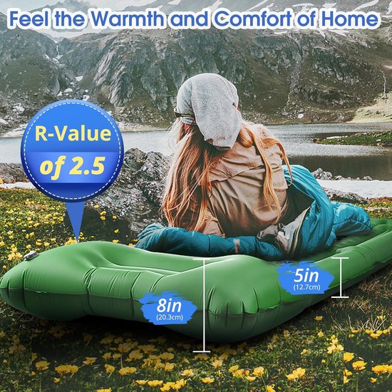 Slaapmat - Luchtbed - 196 x 72 x 12cm - Slaapmat met ingebouwde voetpomp & hoofdkussen - Camping Matras - Camping Bedje - 1 Persoons - Groen — afbeelding 3