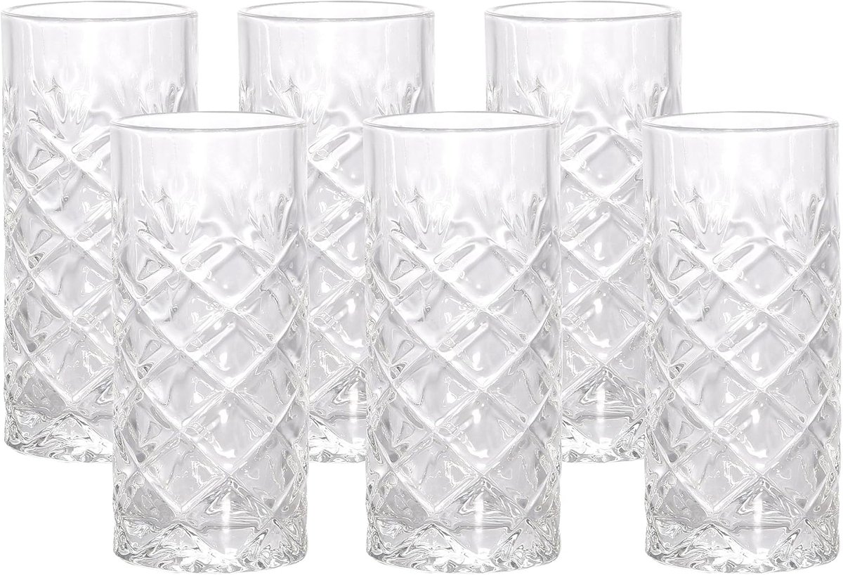 Set van 6 Lange Drinkglazen 250 ml met Diamantpatroon - Water-, Sap- en Cocktailglazen