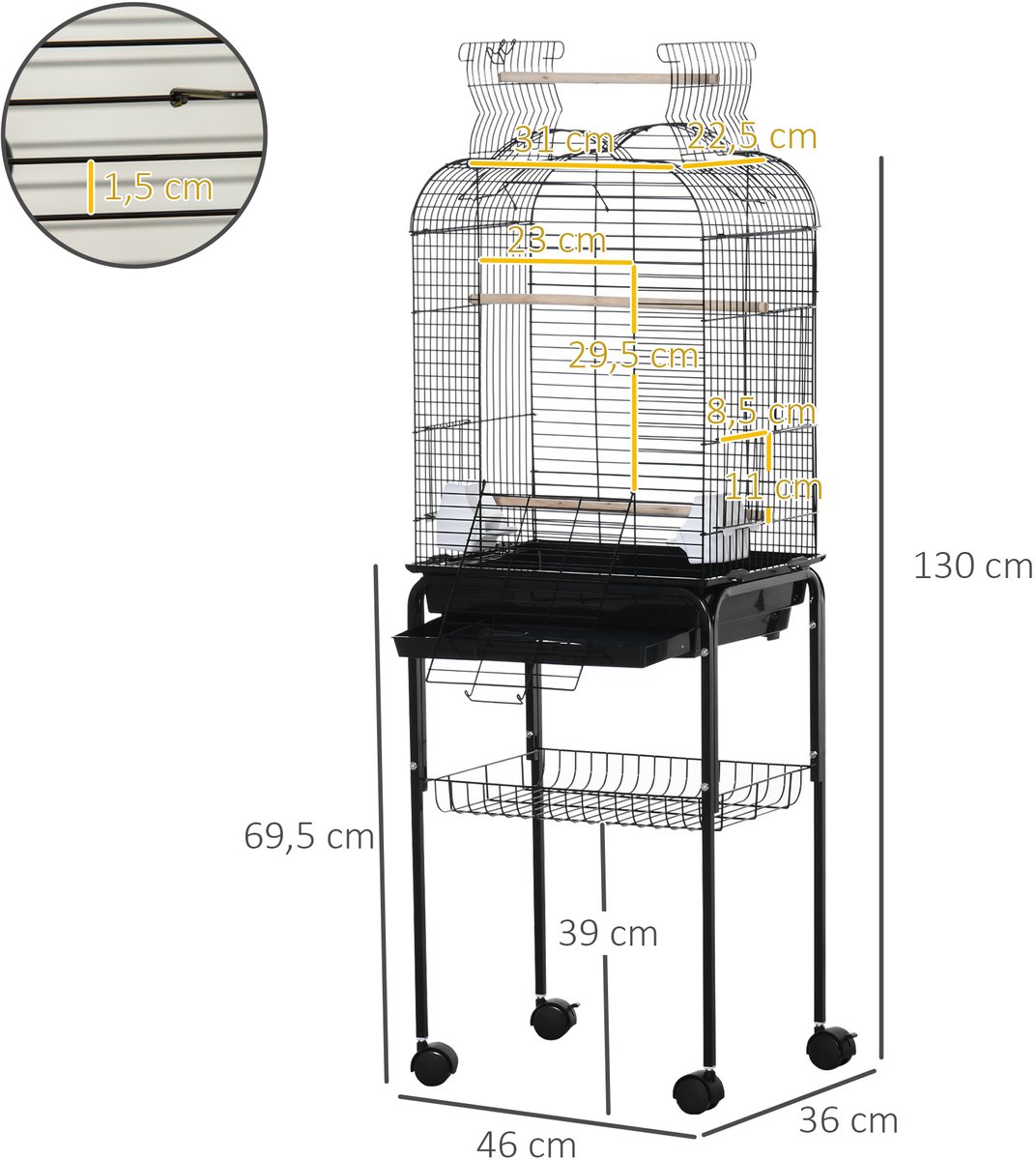 PawHut Vogelkooi 46x36x130cm - Staaldraad met standaard thumbnail 8