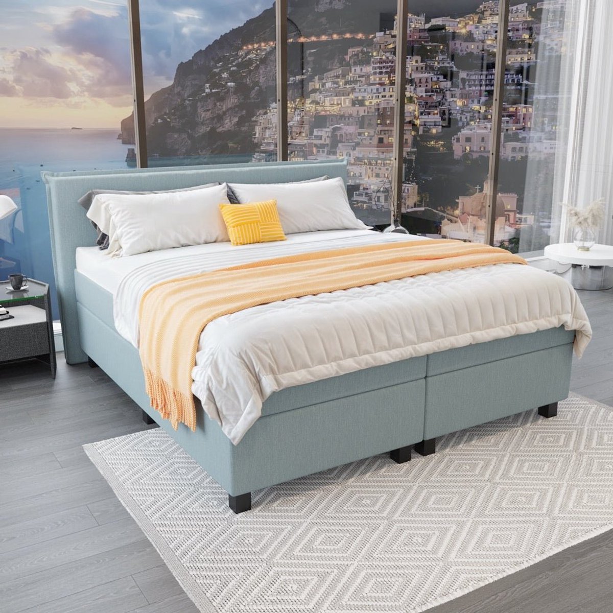 Mörgenn Boxspring Capri - Pocketvering Boxen en matrassen - Luxe 12cm topper - Lichtblauw - 100x200 cm - Inclusief Dekbed en Kussens