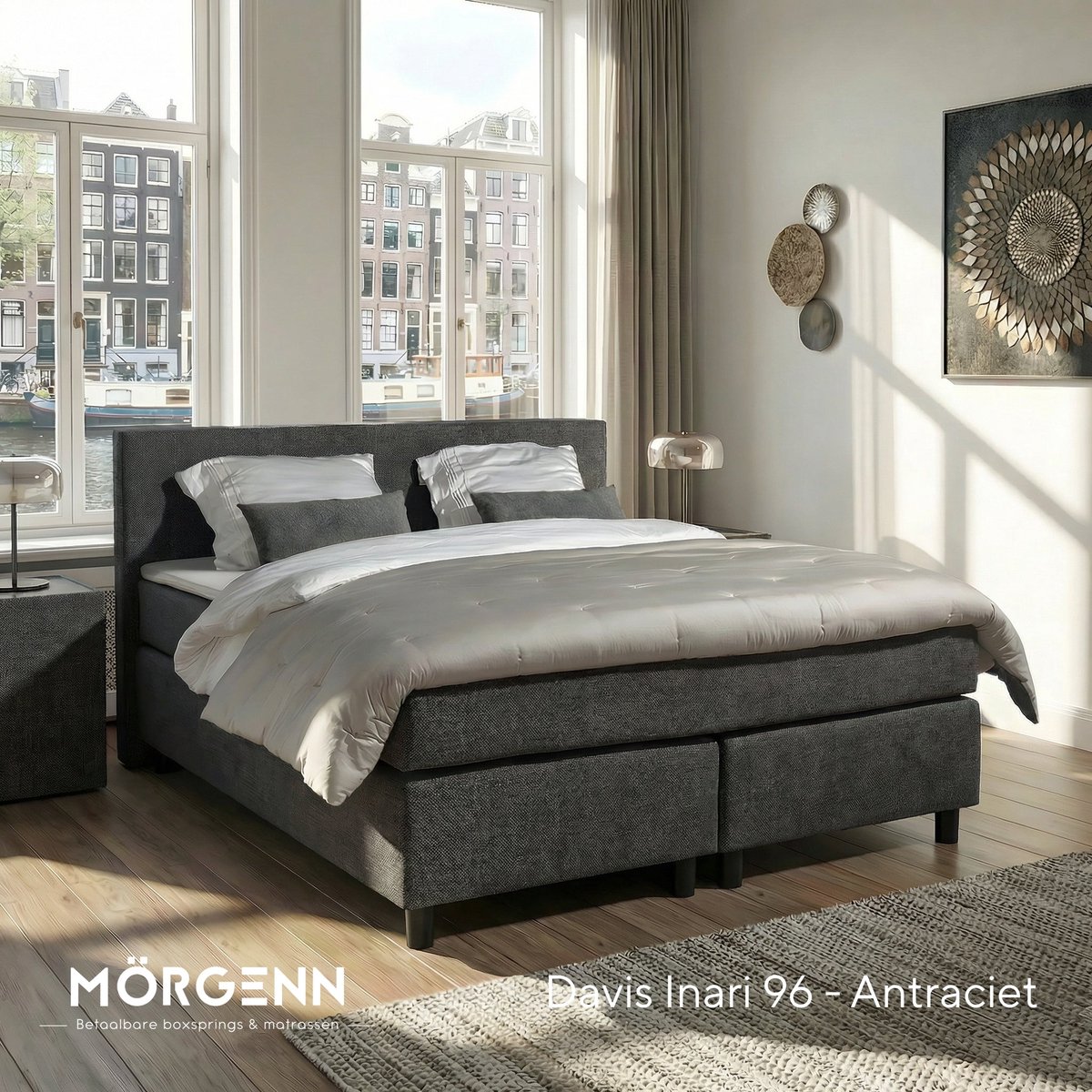 Mörgenn Boxspring Amsterdam - Pocketvering - Antraciet - 120x210 cm - Inclusief Dekbed en Kussens