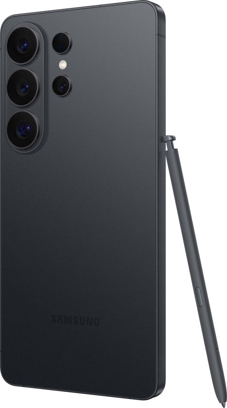 Zwarte Samsung smartphone met stylus, achterkant met vier camera's.