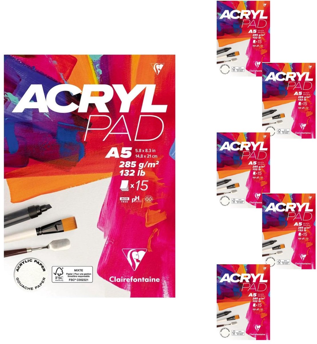 Clairefontaine Acrylic Pad - Acrylpapier - Acrylblok - A5 - 285g - 15 vel - 5 blokken