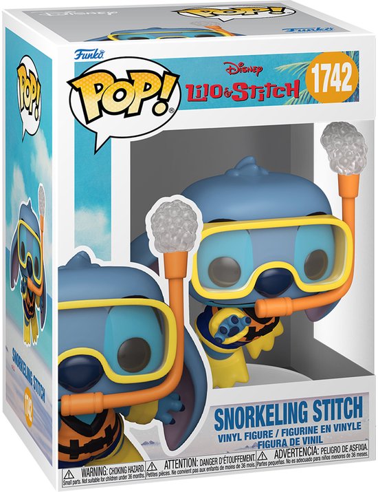 Funko Pop! van Stitch in snorkeluitrusting, blauw met oranje snorkel en gele flippers.