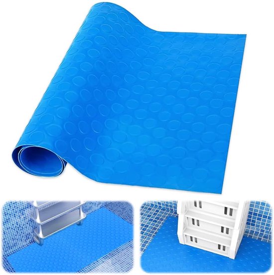 Blauwe antislipmat met noppenpatroon, opgerold, en toepassingen bij een zwembad.