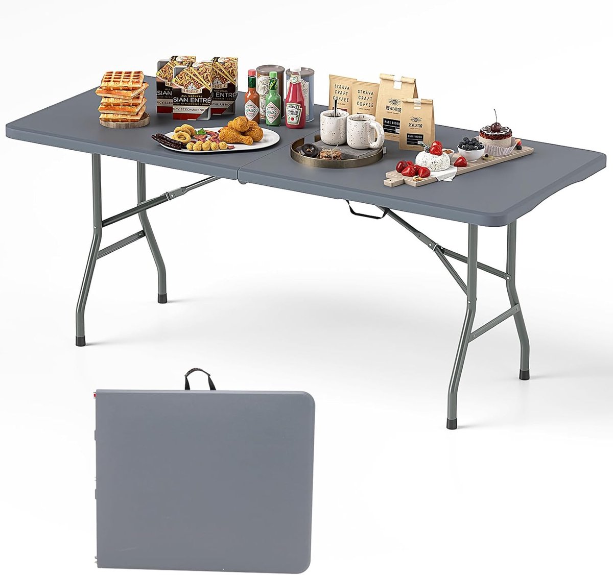KOMFOTTEU Campingtafel, inklapbaar, HDPE-materiaal, tuinmeubelen, metalen frame, klaptafel, draagvermogen 160 kg, voor picknick, barbecue, feest, 180 x 74 x 75 cm (grijs)