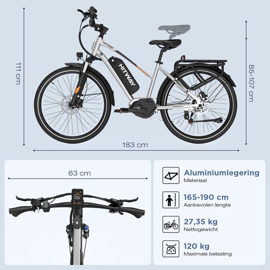 Hitway Elektrische Fiets BK U1 - E-Bike met 250W Middenmotor - 27.5*2.2 Inch City Commuter EBike met Afneembare 36V 13Ah Lithium Batterij - 7 Versnellingen - IP54 Waterdicht van Hitway — afbeelding 3