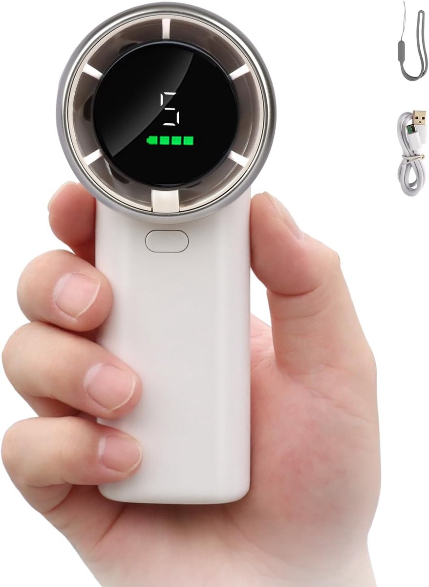 Mini draagbare turboventilator met led-display, USB-opladen, 3600 mAh-batterij, 5 windsnelheden, perfect voor wimpermake-up - compact formaat.